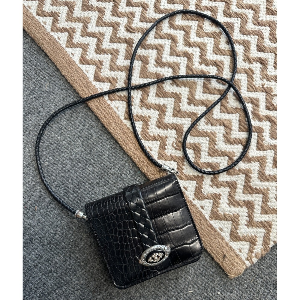 Vintage Brighton‎ Mini Crossbody Wallet Organizer Pebbled Black Leather Braided - Picture 2 of 10